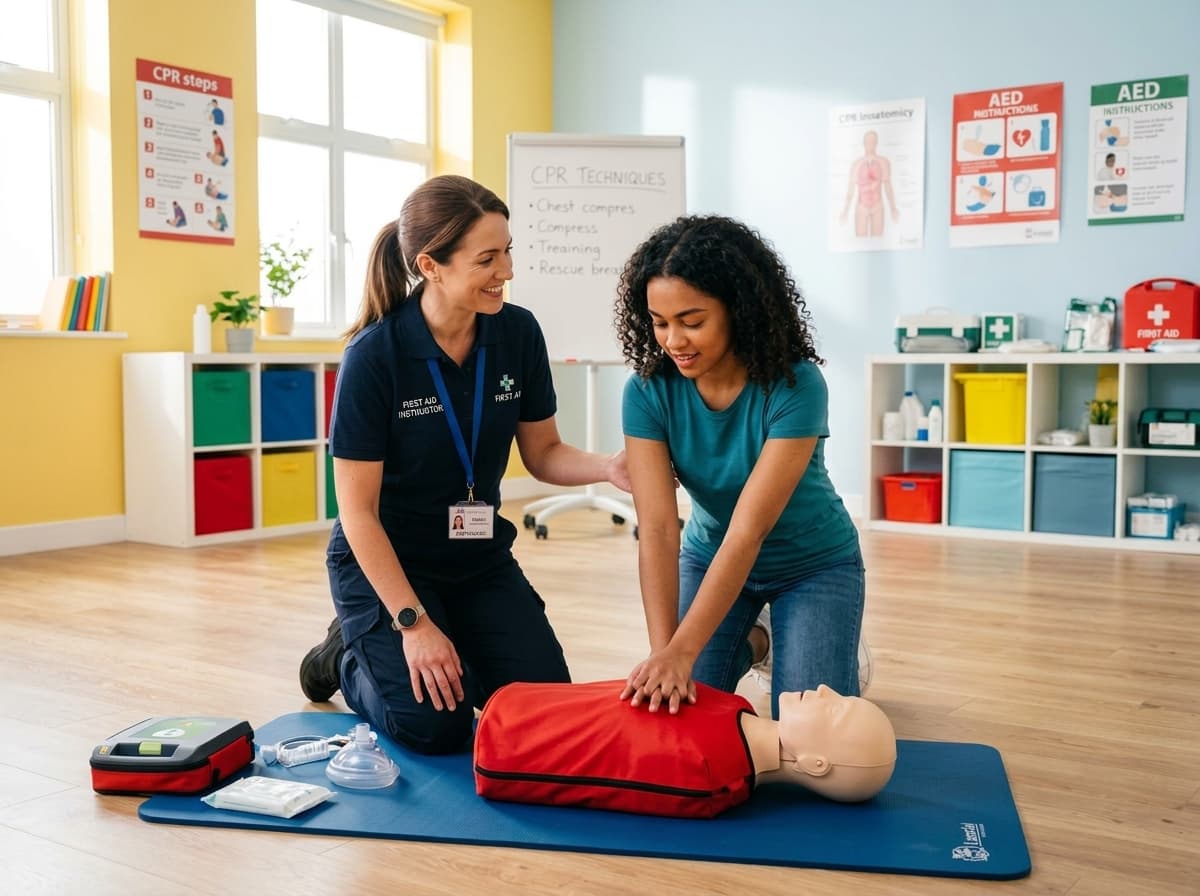 EHBO reanimatiecursus met reanimatiepop en AED trainer in kleine groep