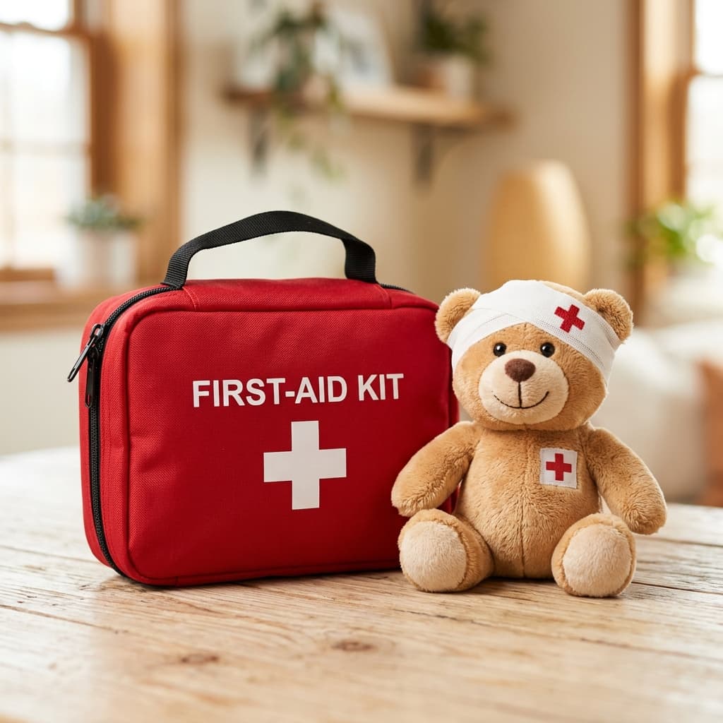 Een EHBO-tas en teddybeer klaar voor een oefensituatie